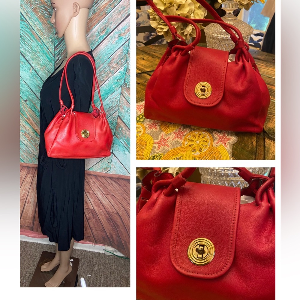 Vintage Red Leather Margolin Satchel With Deco Gold Hardware